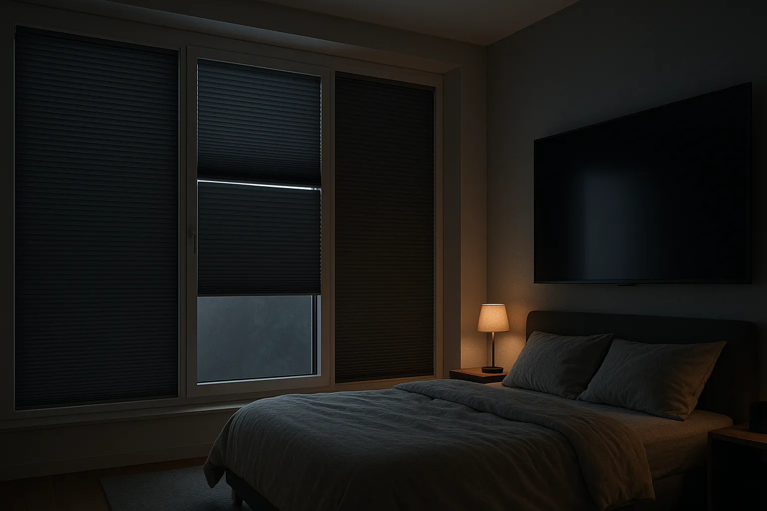 Blackout-Plissee mit Führungsschienen im Schlafzimmer für maximale Verdunkelung und Schlafkomfort, Top-Down/Bottom-Up, kettellos montiert, präzise Passform mit minimalen Lichtspalten, heimkino-taugliche Abdunkelung