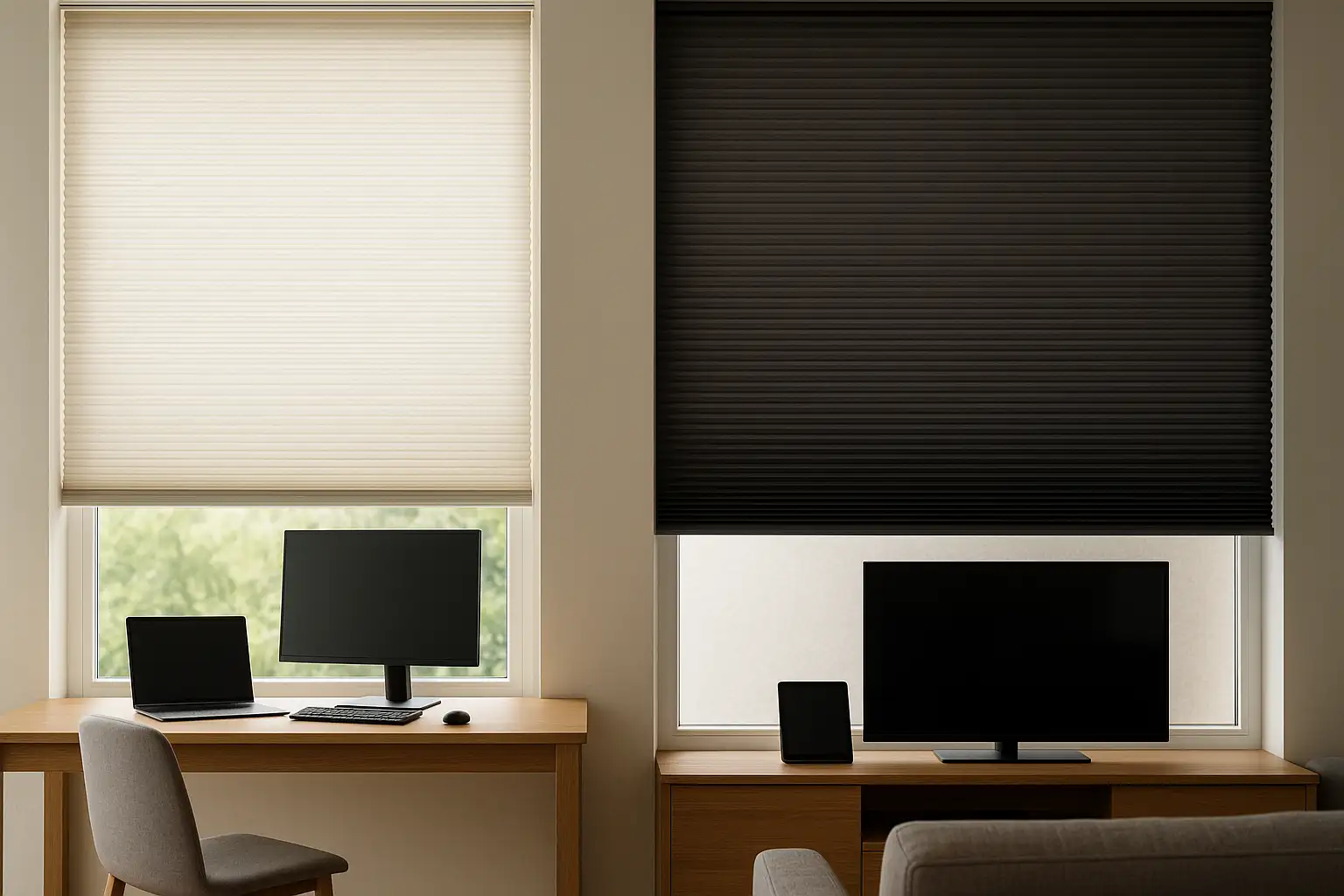 Plissees für Blendschutz und Lichtsteuerung, halbtransparente Stoffe in Arbeits- und Medienbereich, weiche Lichtstreuung, reduzierte Bildschirmreflexionen, angenehmes Tageslicht, strukturierte Gewebe