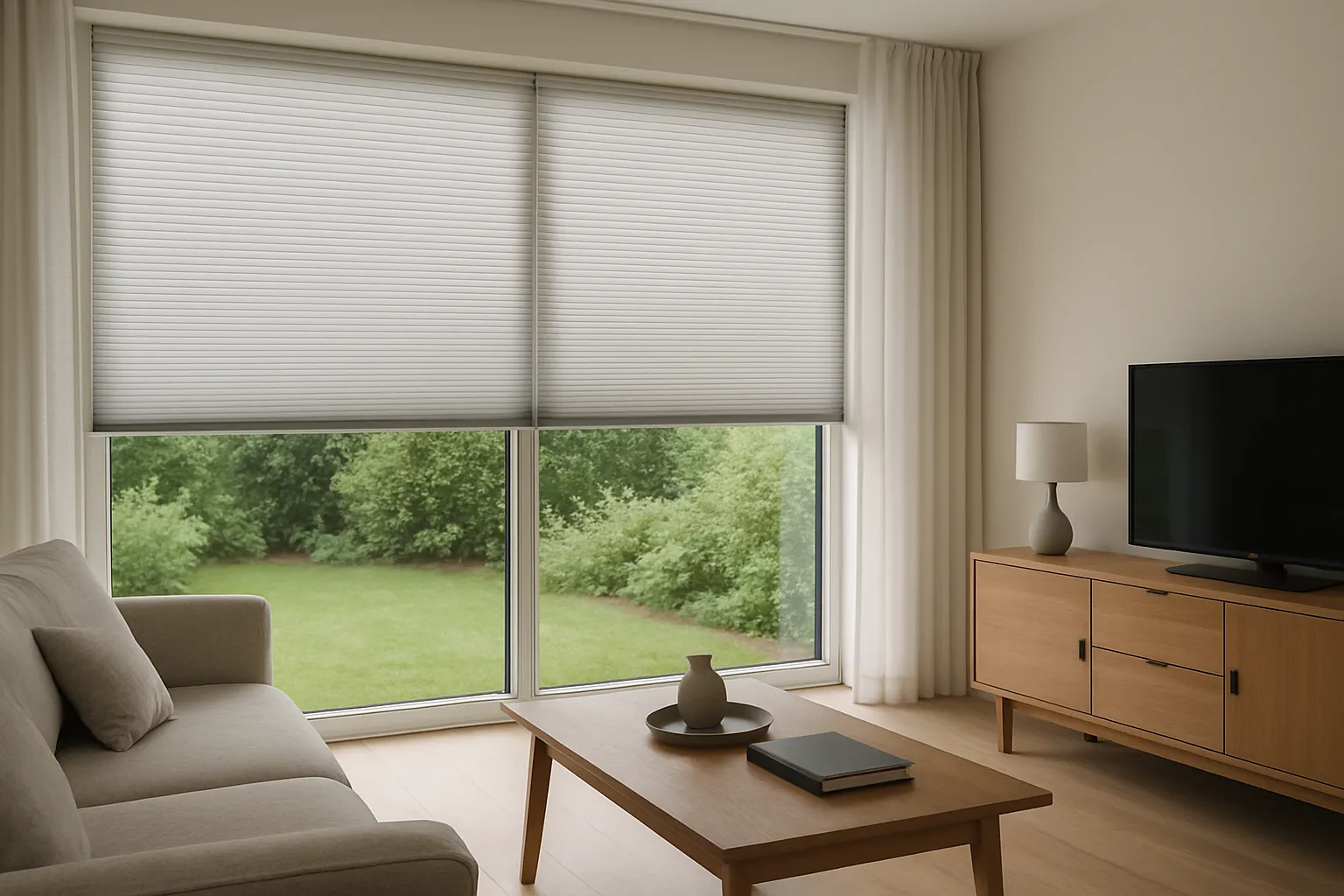 Plissee Blendschutz und Lichtsteuerung im Wohnzimmer, Tageslicht ohne Spiegelungen, obere Fensterzone geschlossen, Blick auf Grünflächen, Raumtiefe und Blickführung, harmonische Farbwirkung