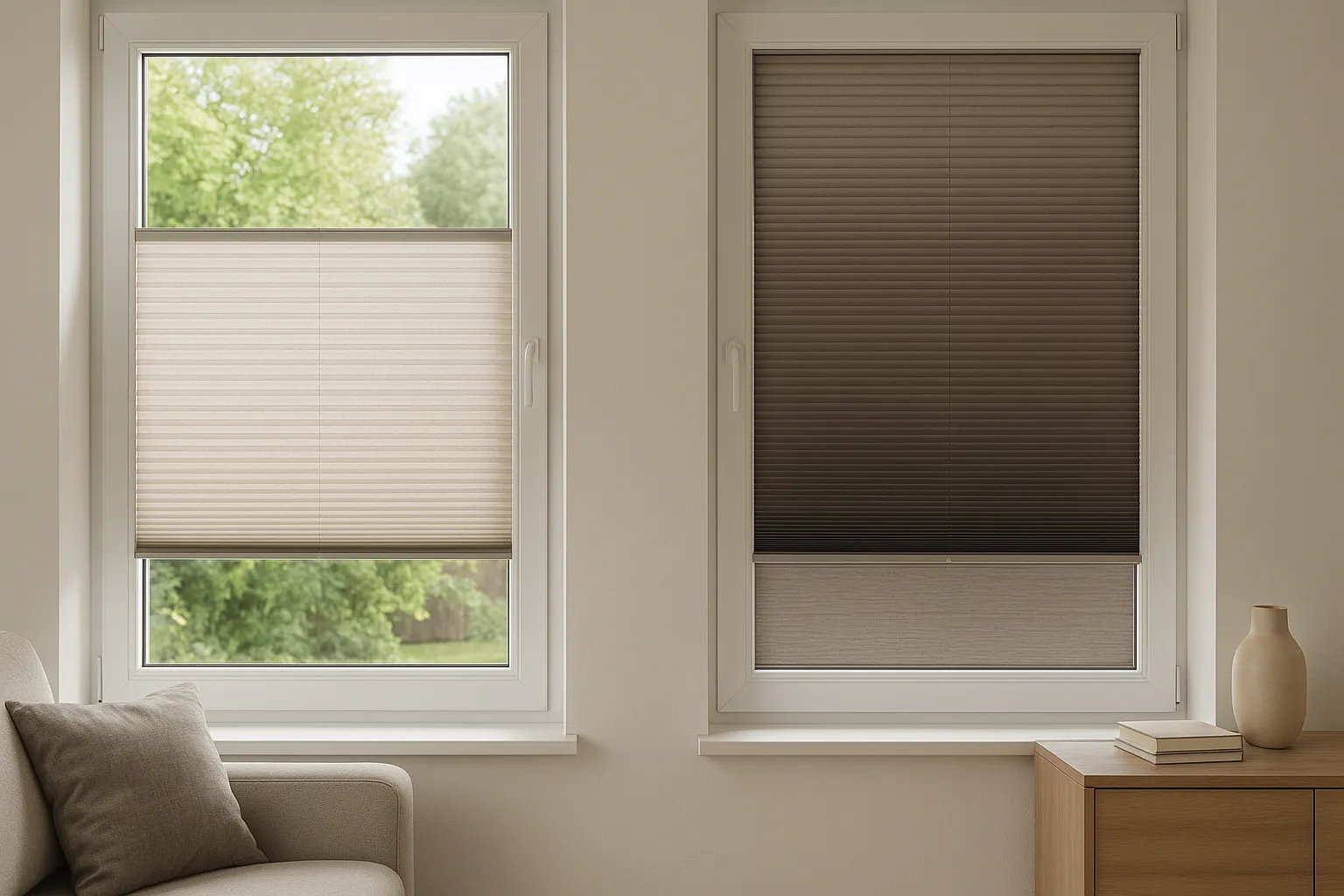 Innenliegend montierte Plissees im Falz mit Top-Down-Bottom-Up-Funktion, minimaler Randspalt, Luftpuffer zwischen Stoff und Glas für Hitzeschutz, energieeffiziente Tageslichtsteuerung und Sichtschutz im Wohnraum