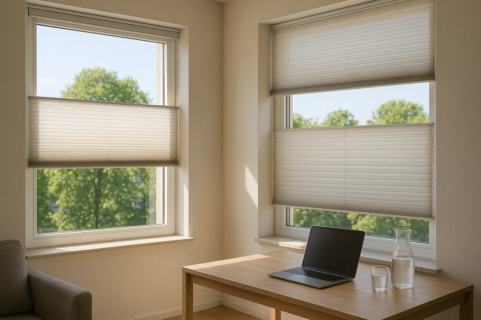 Hitzeschutz und Energieeffizienz mit hellen, rückseitig metallisierten Plissees und Wabenplissee an Süd- und Westfenstern, Top-Down/Bottom-Up, diffuses Tageslicht, Blendschutz, Privatsphäre, passiver Sonnenschutz im Sommer