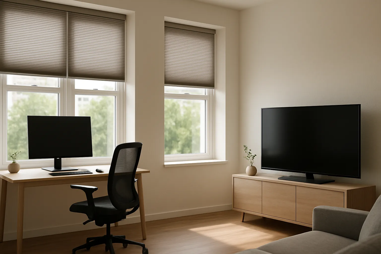 Plissee Blendschutz und Lichtsteuerung im Home-Office und Wohnzimmer mit zonierter Abschattung, semitransparente Stoffe, blendfreier Monitor und TV, Tageslicht und Reflexionsschutz