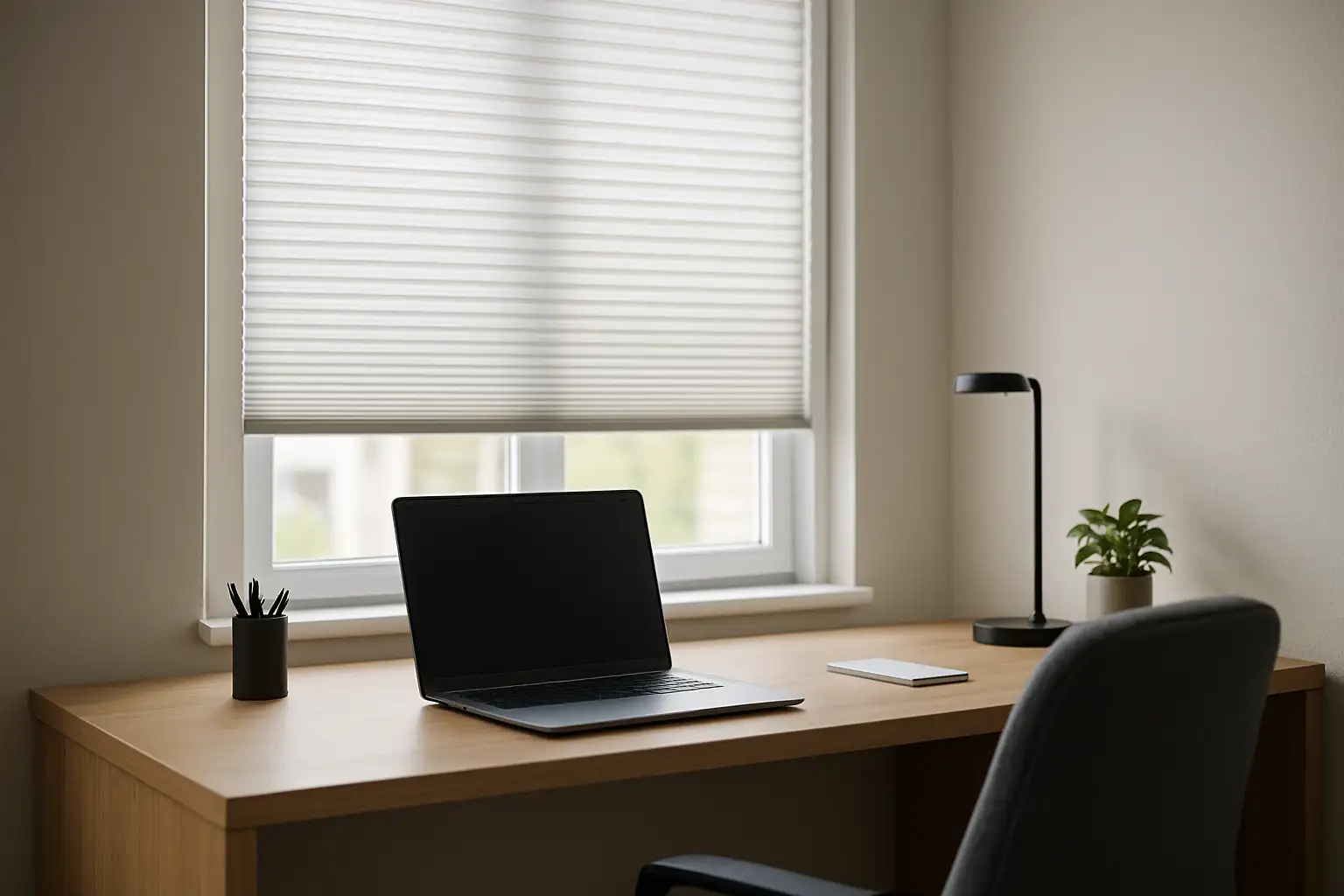 Plissee Blendschutz und Lichtsteuerung im Homeoffice ohne Spiegelungen, Sichtschutz mit UV-Schutz und Wärmereduktion an sonniger Fensterfront