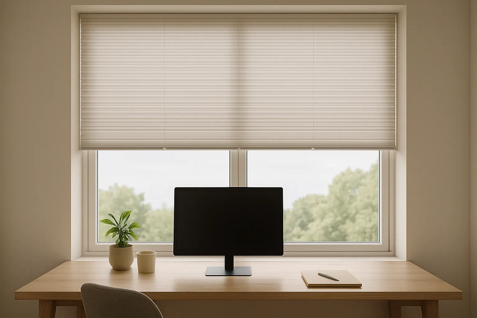 Fenster mit halbtransparenten Plissees im Top-Down/Bottom-Up-Setup, blendfreies Tageslicht am Schreibtisch, weniger Reflexe auf Bildschirm, Sicht nach draußen erhalten