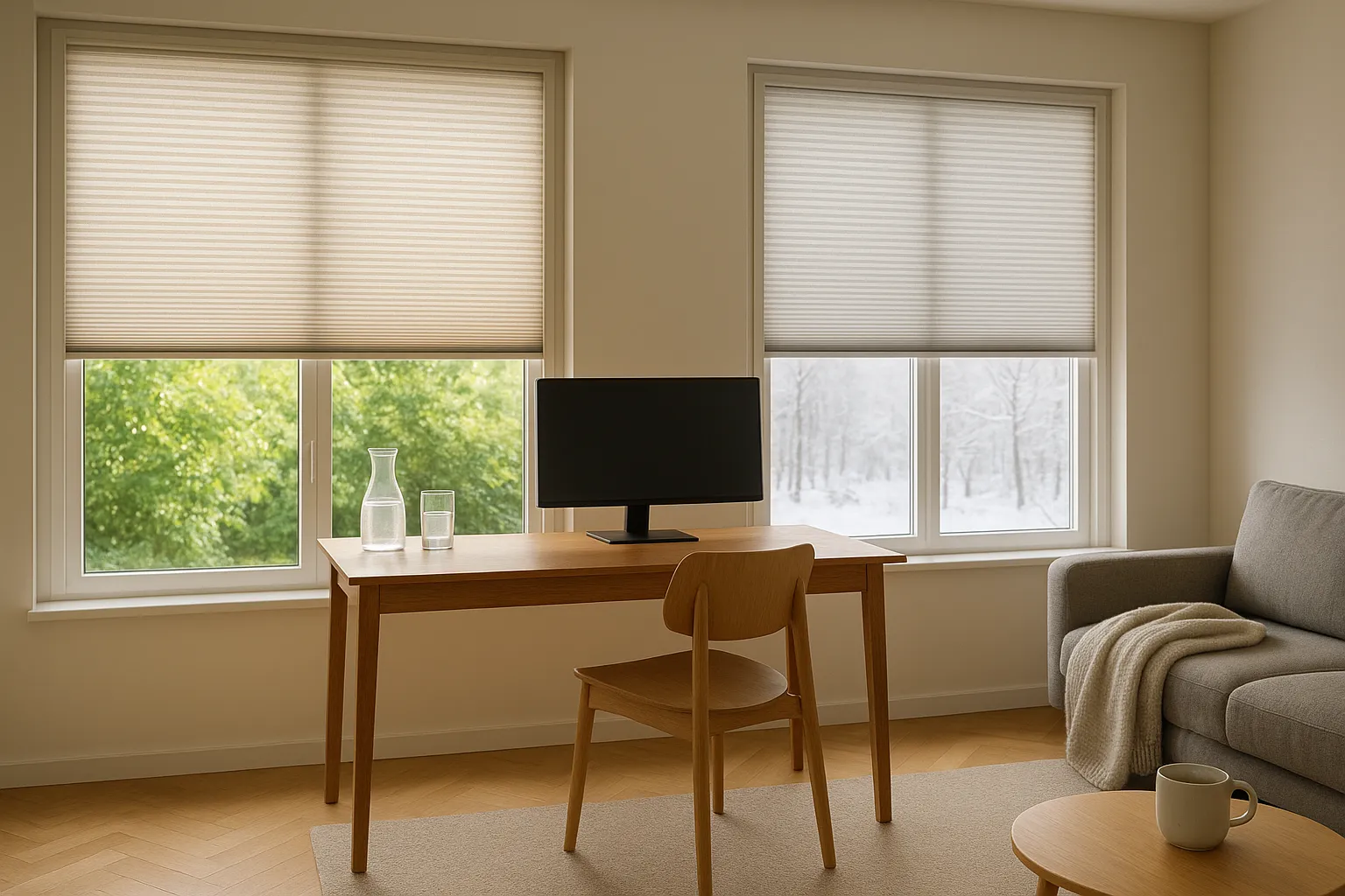 Plissee Hitzeschutz und Energieeffizienz im Homeoffice mit diffusem Tageslicht, Blendschutz am Monitor, UV-Schutz für Möbel und leicht gedämpfter Akustik, sommerlich kühl und winterlich warm