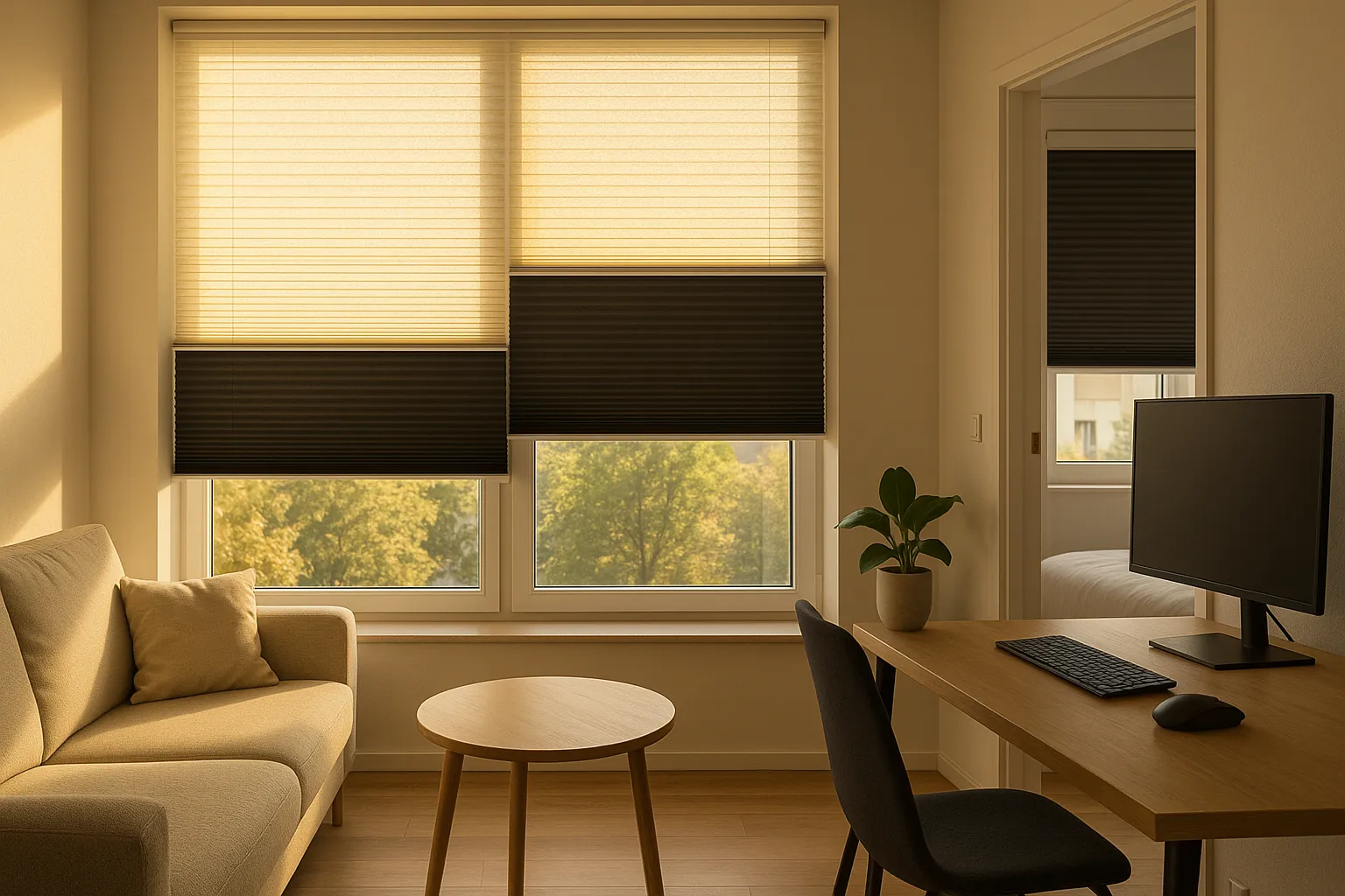 Plissee am Westfenster mit hellen reflektierenden Stoffen und metallisierter Rückseite für Hitzeschutz, dunklem Dim-Out-Segment für Blendschutz, energieeffizienter Sicht- und Wärmeschutz im Wohnraum