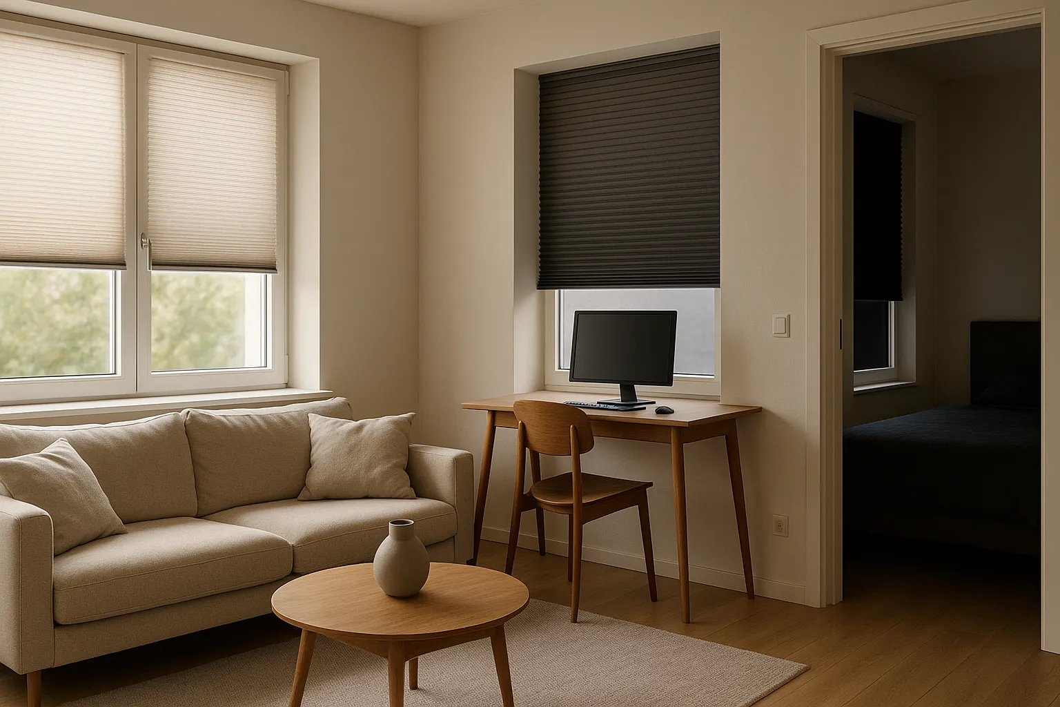 Plissee Hitzeschutz und Energieeffizienz mit hellen reflektierenden Stoffen, dunklem Blendschutz, metallisierter Rückseite, Halbtransparenz und Blackout im Schlafzimmer an Westfenstern am Nachmittag