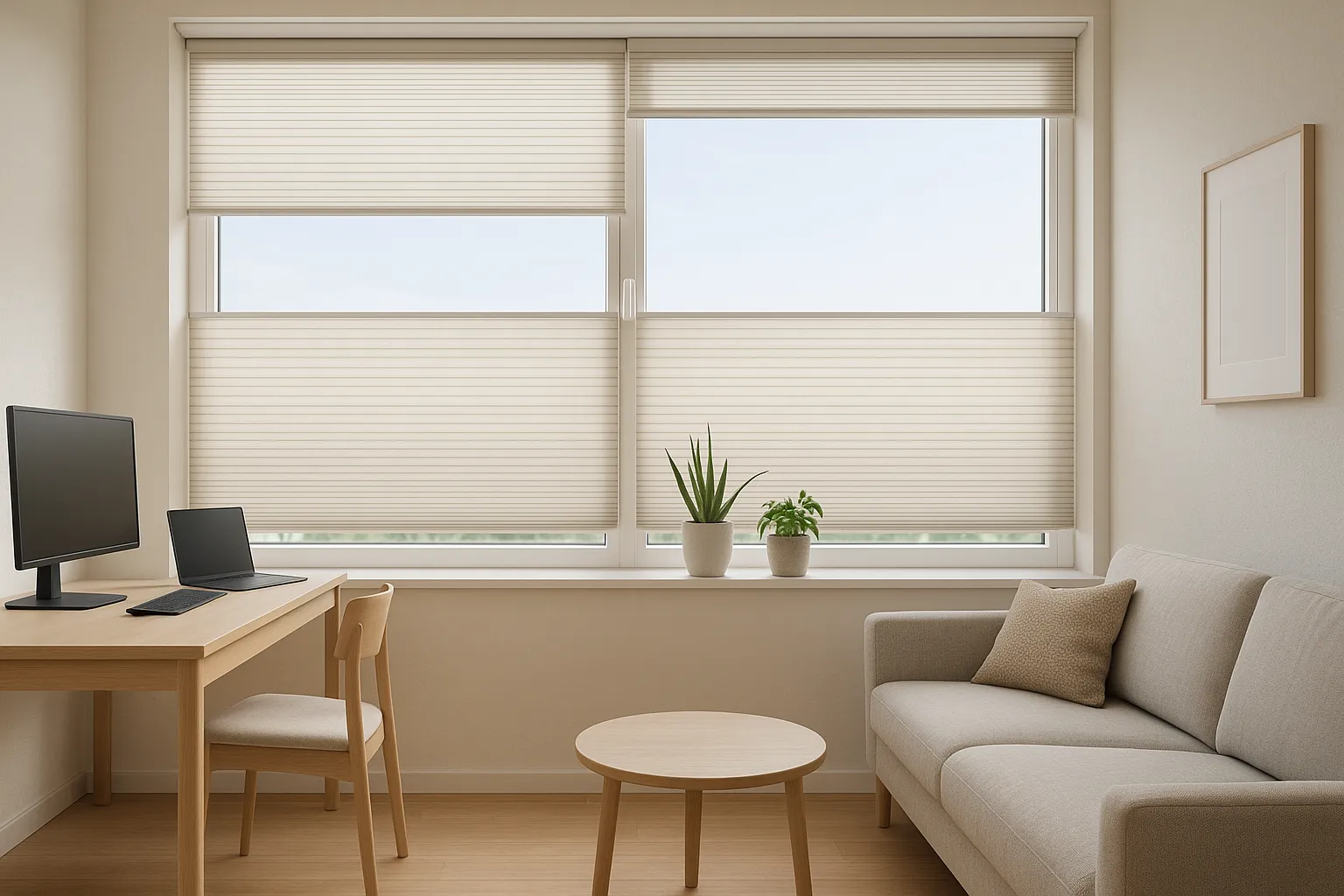 Plissee als Sichtschutz im Büro und Zuhause mit Top-Down/Bottom-Up, halbtransparentes Wabenplissee reduziert Blendung, Privatsphäre auf Augenhöhe, gleichmäßiges Tageslicht, strukturierte Stoffe, Präsentationsfläche ohne Reflexionen, ergonomischer Arbeitsplatz, Zimmerpflanzen am Fenster