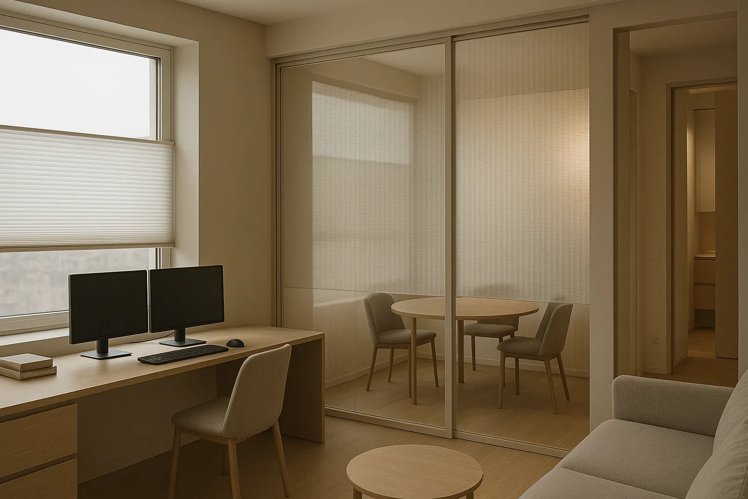 Plissee Sichtschutz im Wohn und Arbeitsbereich, Top Down Bottom Up, Privatsphaere zu Hause und im Buero, blendfreies Homeoffice, diffuses Tageslicht, Glasfassade, Datenschutz