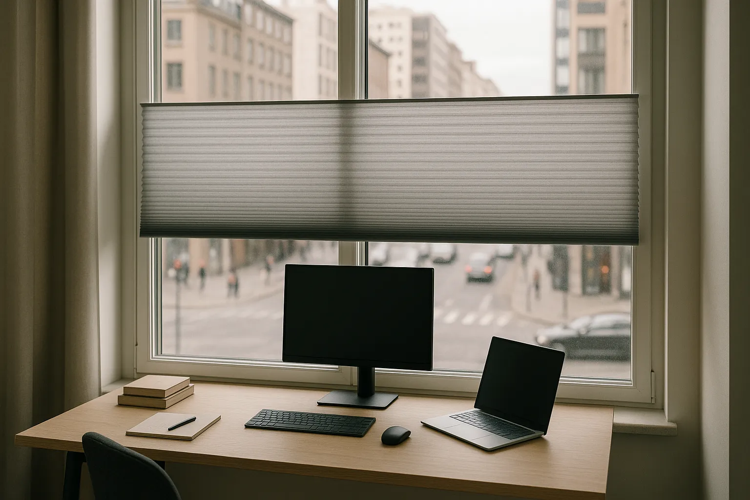 Plissee als Sichtschutz im Homeoffice, halbtransparenter Stoff auf Augenhöhe positioniert, Privatsphäre am Tag, blendfreies Arbeiten, urbane Wohnung mit Straße im Hintergrund