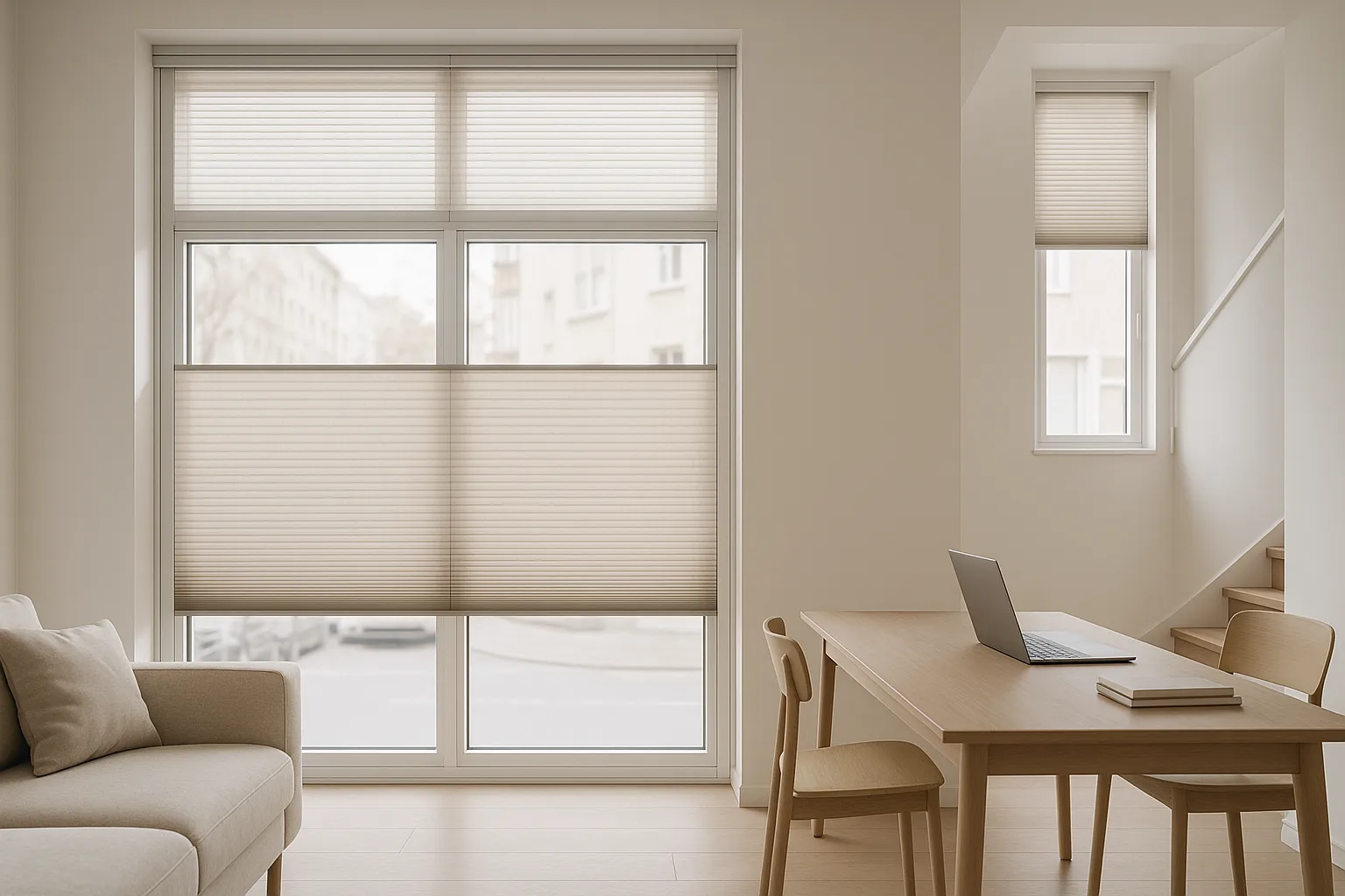 Plissee Sichtschutz für Zuhause und Büro, matte Stoffe, fein strukturierte Plissees, Privatsphäre, Lichtsteuerung, top-down bottom-up, ergonomische Bedienung, Softlift, motorisierte Lösung, Bedienstab, Fensterdekoration