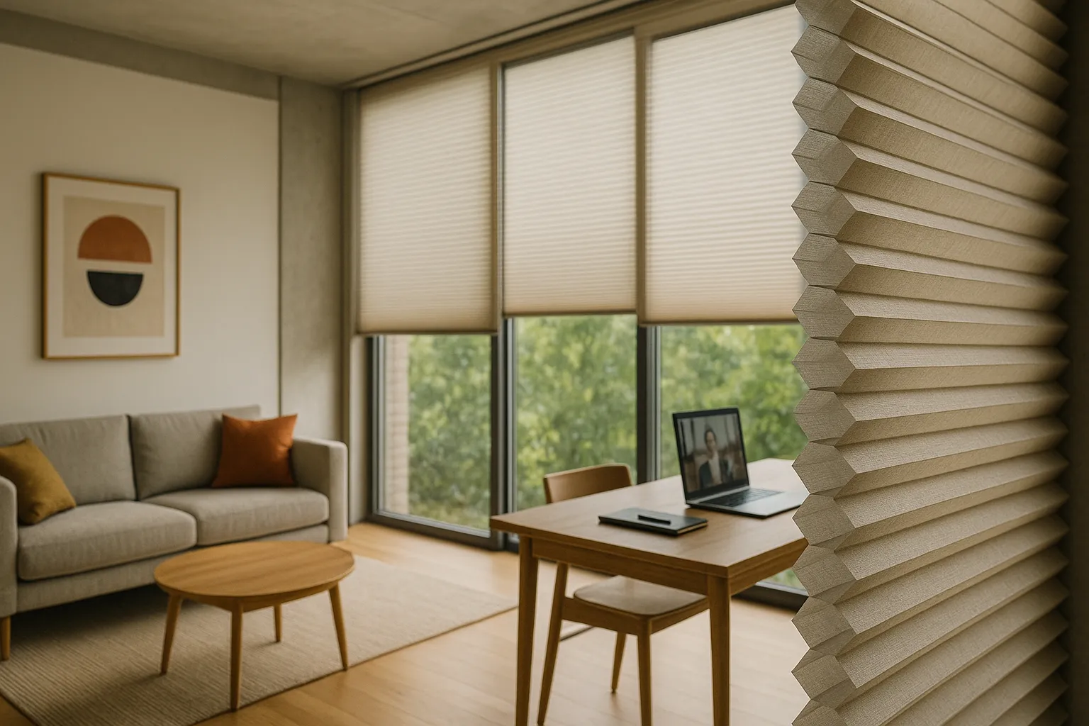 Plissee Sichtschutz Wabenplissee für Privatsphäre und Sonnenschutz im Büro und Zuhause, thermische Isolation, UV-Schutz und verbesserte Raumakustik an großen Fenstern