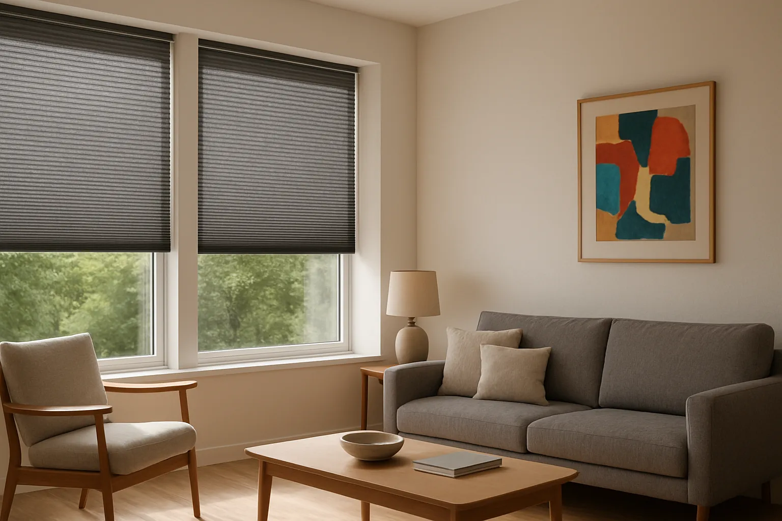 Plissees mit UV-Schutz im modernen Wohnzimmer, diffuses lichtstreuendes Tageslicht, Möbel und Holzboden vor Ausbleichen geschützt, farbintensives Kunstwerk unverblasst, dunkle Front mit heller Rückseite und subtiler Metallbeschichtung