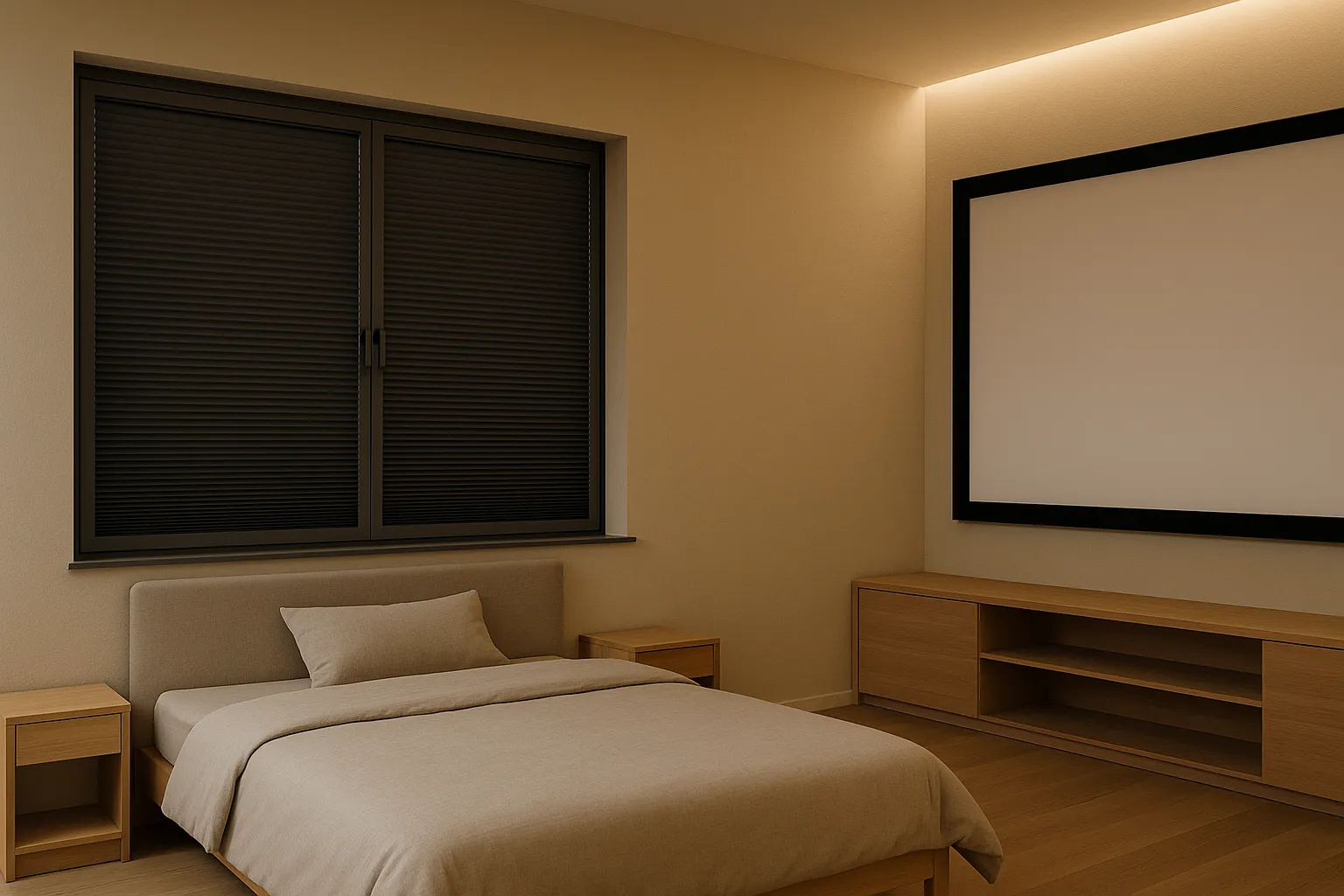 Plissee Verdunkelung Schlafzimmer Heimkino, tech-minimal, klare Linien, matte Stoffe, farblich abgestimmte Schienen, ergonomische Griffe, bündig montiert, ruhige Töne