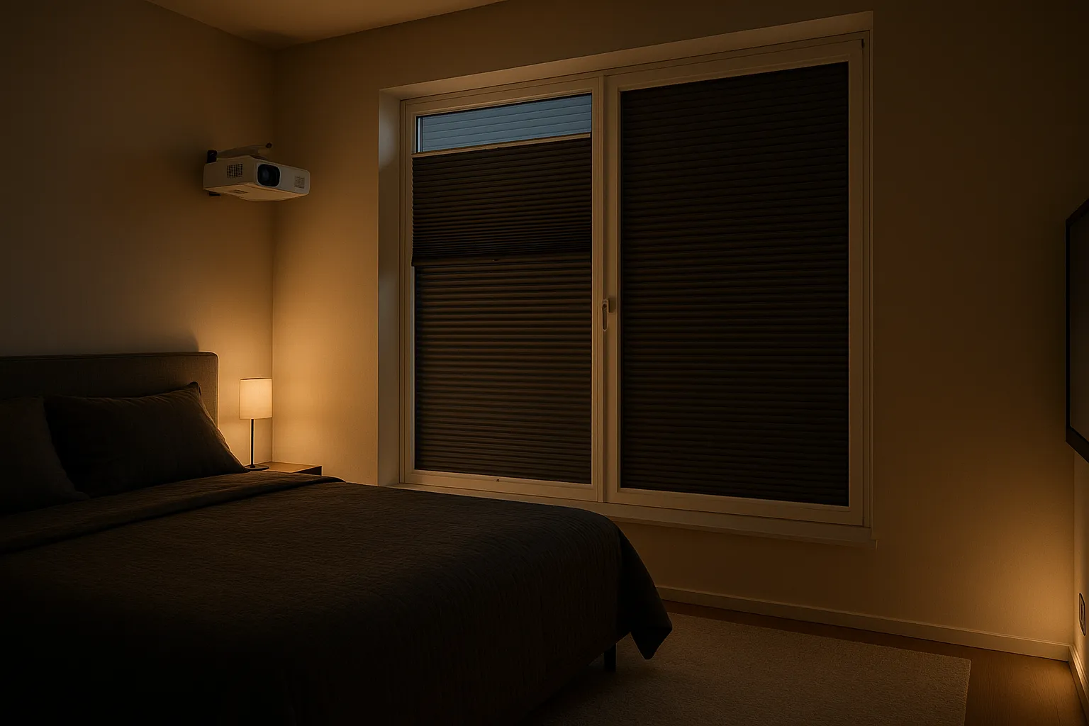 Blackout-Plissees mit Führungsschienen im Schlafzimmer, top-down/bottom-up, passgenau montiert zur Minimierung von Lichtspalten für ruhigen Schlaf und Heimkino