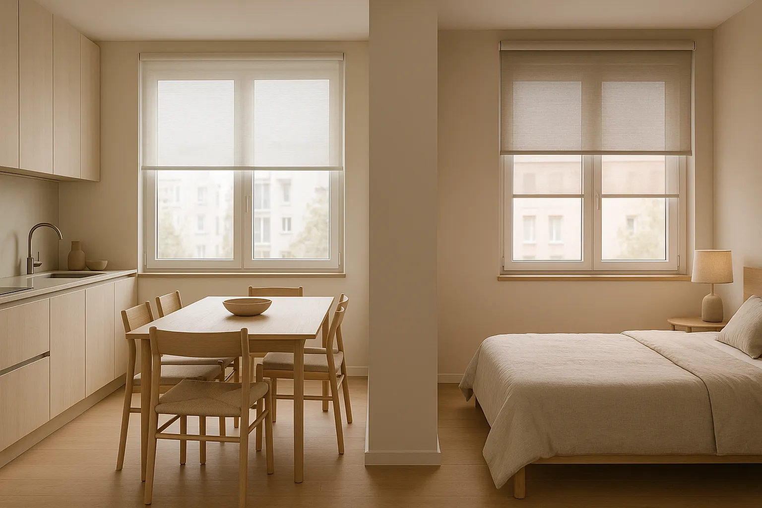 Blendschutz und Lichtsteuerung in offenem Wohnkonzept mit Küche, Essplatz und Schlafzone, sanftes Tageslicht ohne Spiegelungen, halbtransparente Rollos mit zweiter dunklerer Lage, helle strukturierte Stoffe in flacher Bauweise am Fensterrahmen