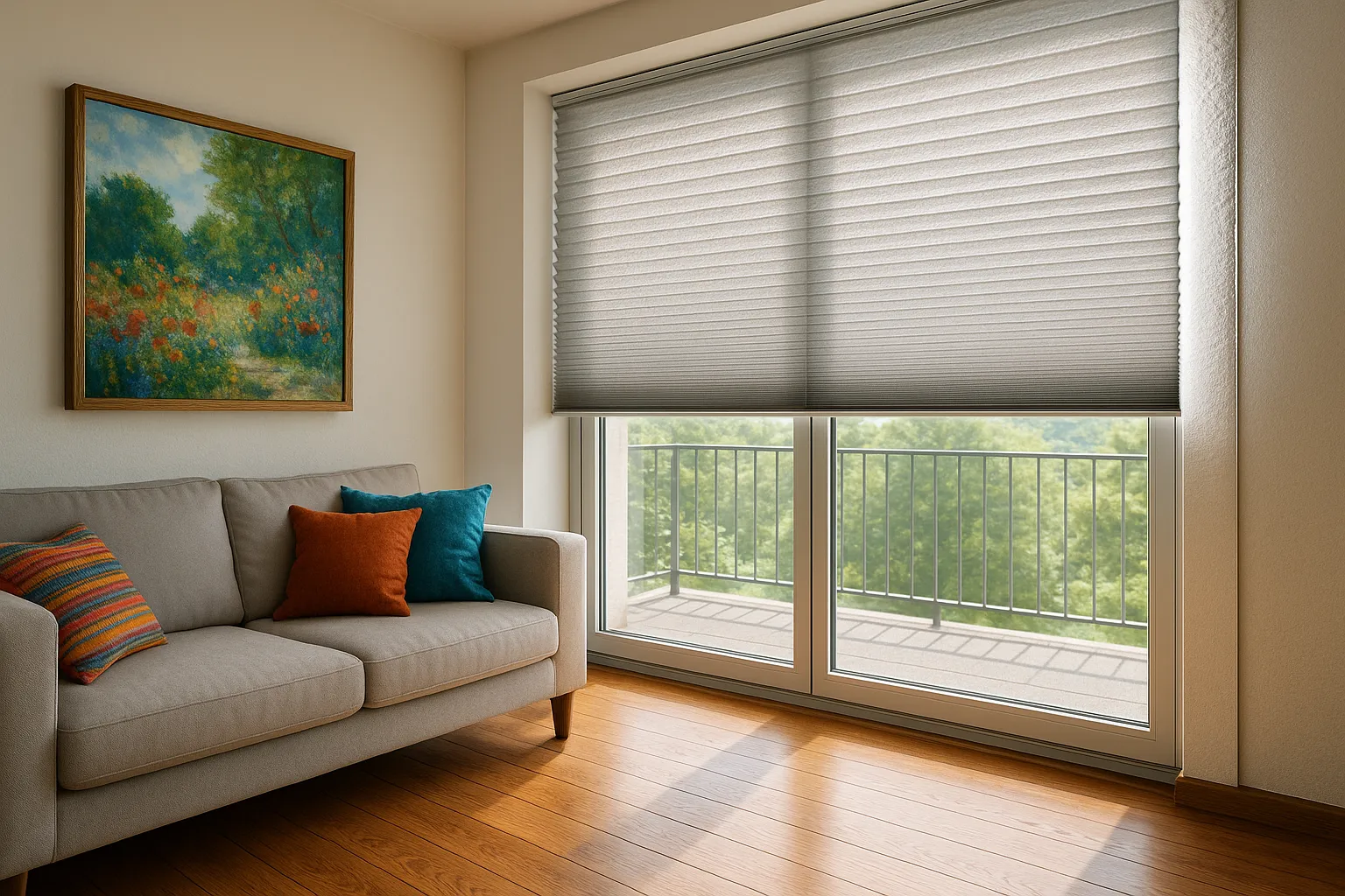 UV-Schutz und Farberhalt im Wohnraum mit glasnah montiertem Plissee; dichte, UV-blockierende Ausrüstung filtert Sonnenlicht, reflektierende Rückseite reduziert Wärmeeintrag; farbintensives Gemälde, Holzboden und Textilien wirken unverblasst