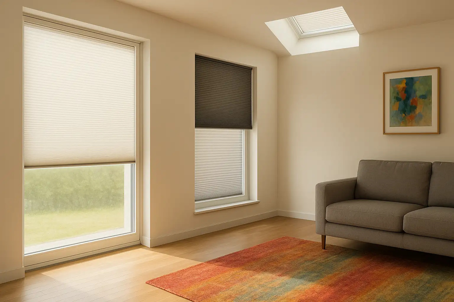 UV-Schutz und Farberhalt im Wohnraum mit Plissee, glasnahe Montage, Führungsschienen, Abstand zu Möbeln und Kunst, bodentiefes Fenster, Dachfenster mit geringer Öffnung, weiches Streulicht schützt Holzboden und Teppich