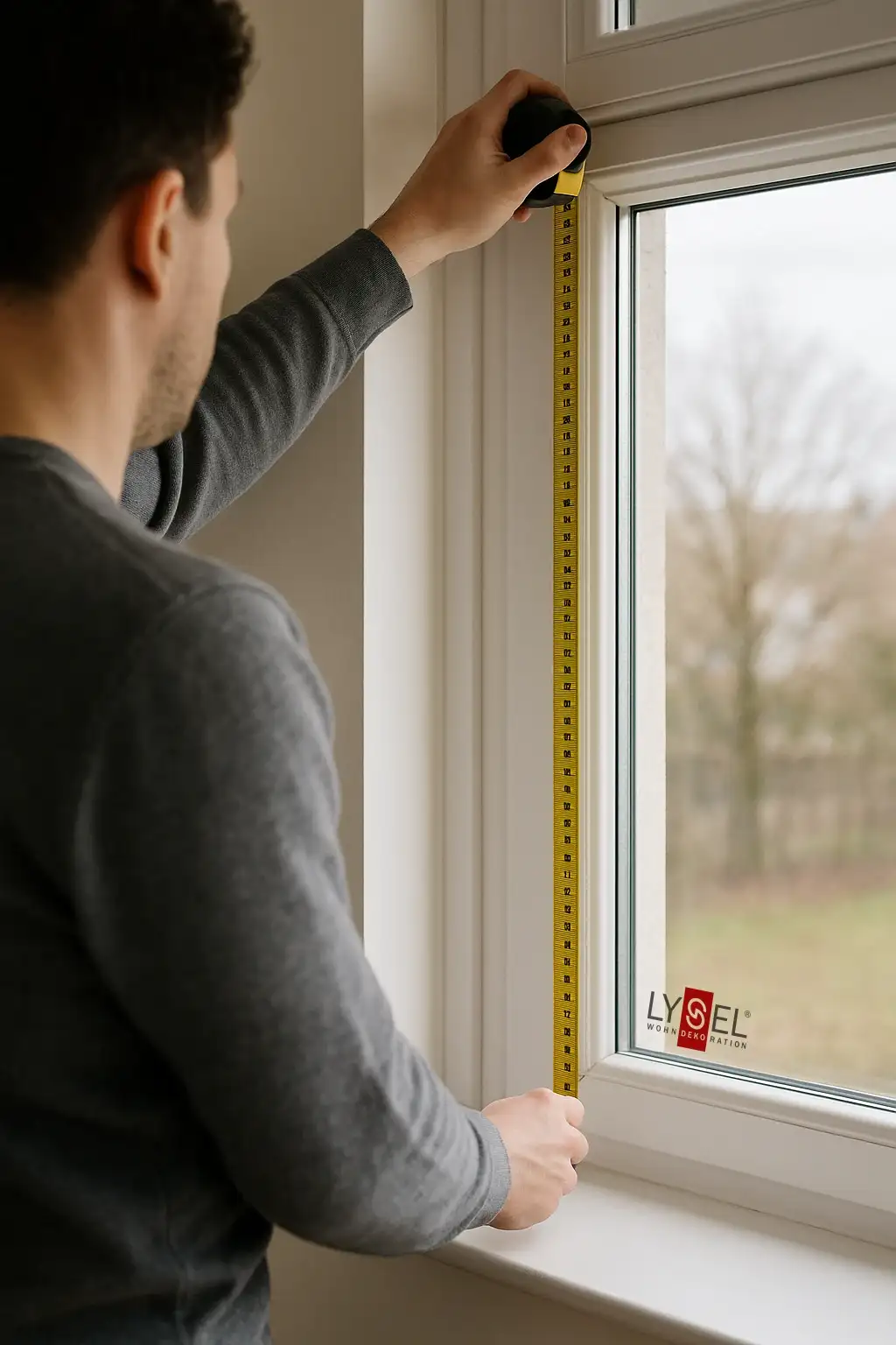 Präzises Aufmaß für Verdunkelungsrollo im Schlafzimmer: Breite oben, Mitte und unten, Höhe links und rechts, Tiefe der Fensterlaibung; sichtbarer Fenstergriff und Sensor; Kassette mit seitlichen Führungsschienen zur Reduktion von Lichtsaum; leise motorisierte Bedienung mit Fernbedienung, geeignet für Schlaf- und Heimkino.