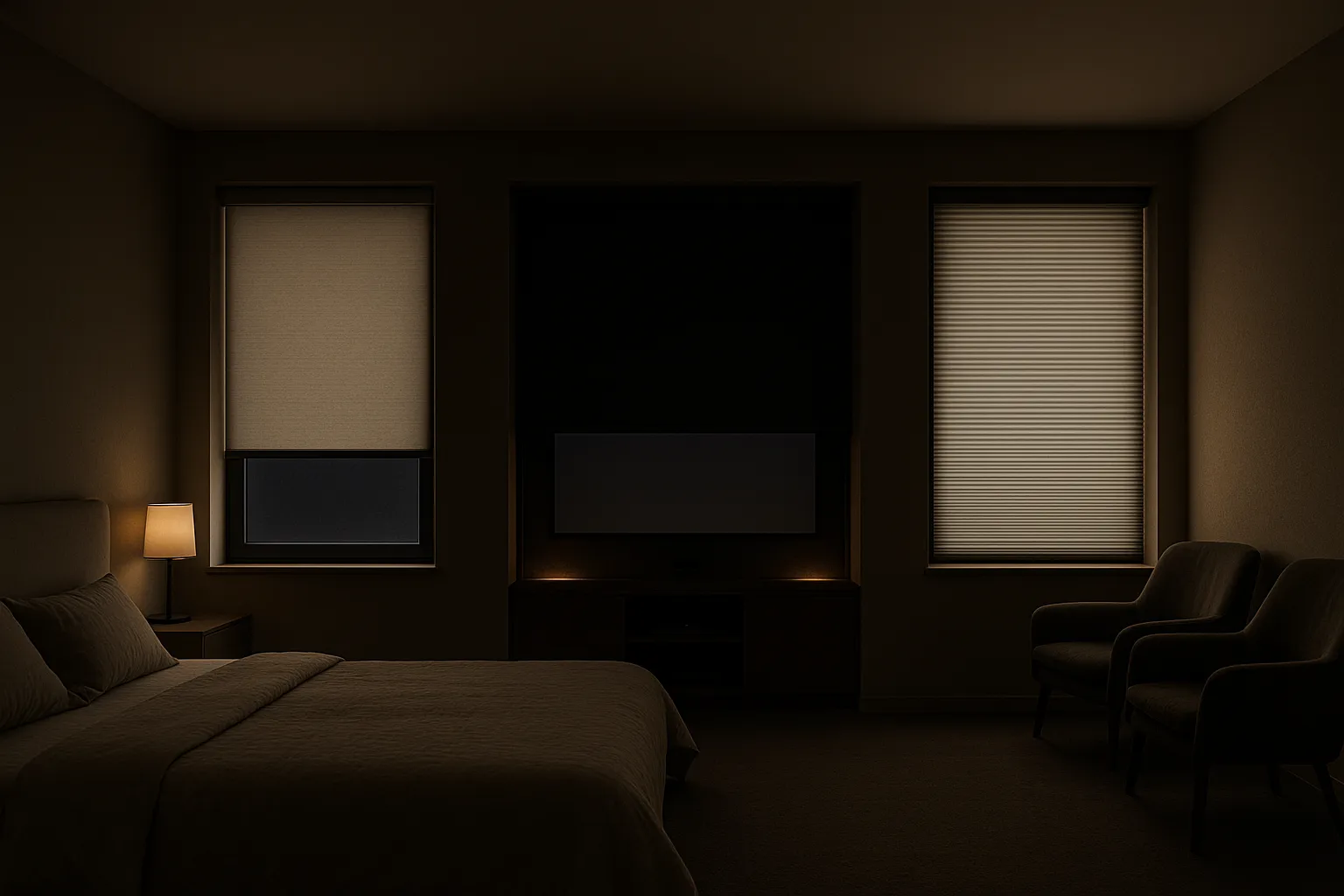 Schlafzimmer mit Dimout-Rollo und angrenzendem Heimkino mit Blackout-Rollo in Seitenführung sowie Wabenplissee; verdunkelnde Stoffe für Ruhe, Schlafkomfort, Lichtkontrolle und bessere Isolierung