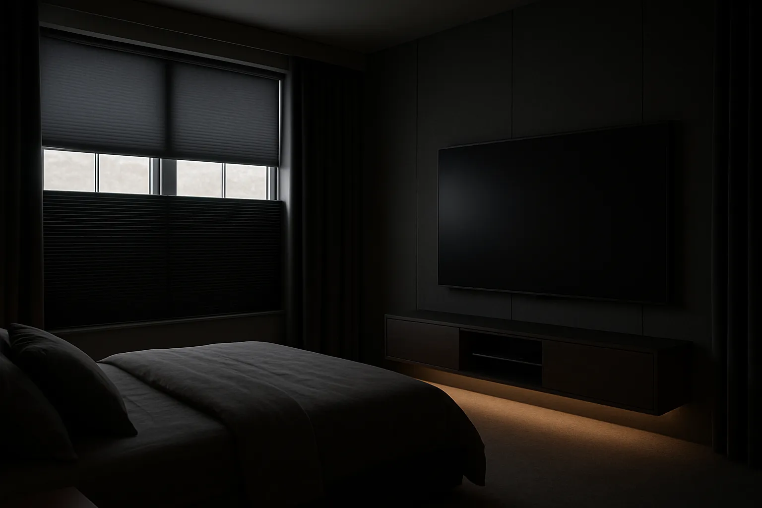 Blackout-Wabenplissees im Schlafzimmer-Heimkino mit Führungsschienen, Top-Down/Bottom-Up Kombination aus Dimout oben und Blackout unten für bessere Bildwahrnehmung und weniger Seitenlicht, matte Textilien zur Reduktion von Reflexionen und Flatterechos