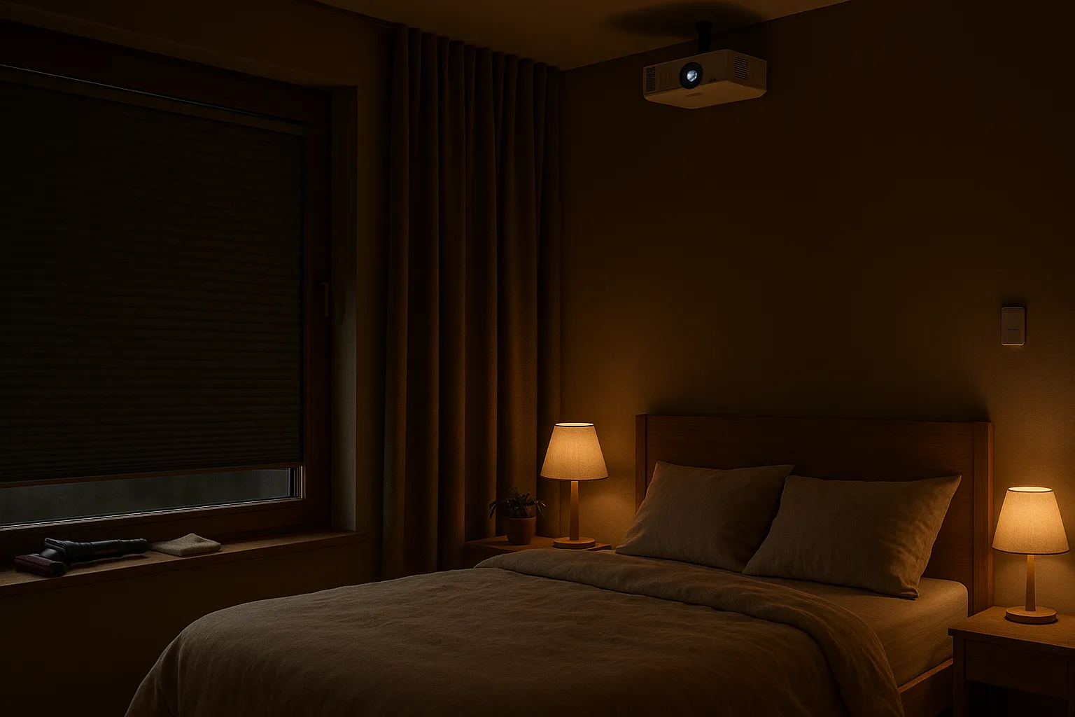 Verdunkelung im Schlafzimmer mit Wabenplissee-Blackout, energiesparende Isolation, kindersichere Bedienung und pflegeleichte Reinigung in ruhiger Heimkino-Atmosphäre