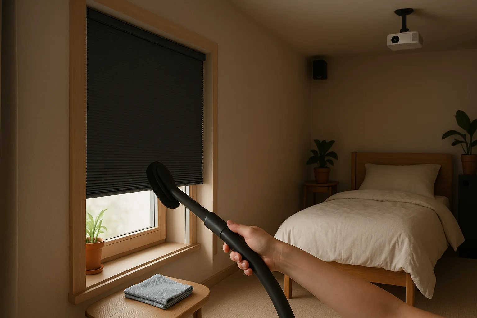 Verdunkelung und Schlafkomfort im Schlafzimmer mit Heimkino: kindersicheres Wabenplissee Blackout eng am Rahmen, gekipptes Fenster für Luftzirkulation, sanfte Reinigung mit Bürstenaufsatz, energiesparend, emissionsarme Stoffe