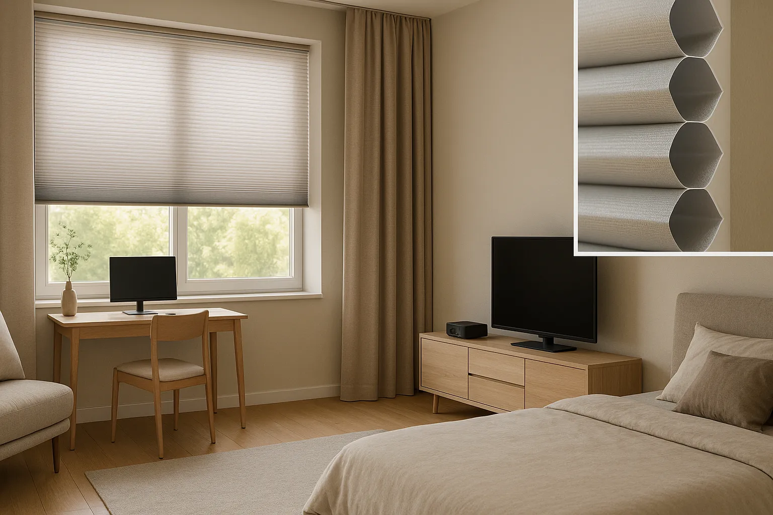 Schlafzimmer mit Heimkino und Wabenplissee bottom-up: Sichtschutz unten, Tageslicht oben, Blendschutz ohne Bildschirmreflexe, Wärmeschutz durch Luftpolster und metallisierte Rückseite, UV-Schutz für Möbel, akustikdämpfende Textilien für ruhige Atmosphäre