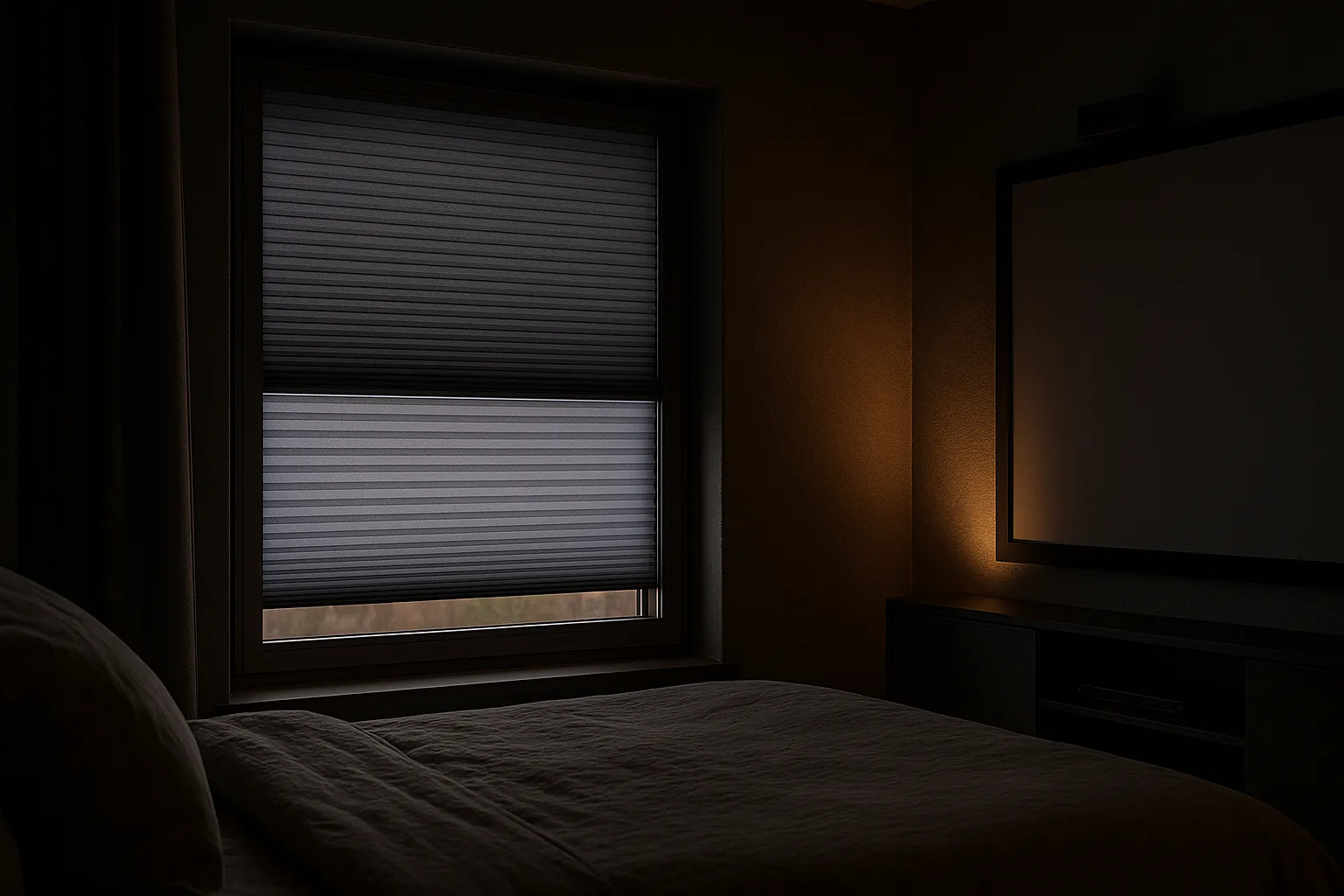 Fensterverdunkelung mit Wabenplissee im Schlafzimmer, seitliche Führungsschienen, Montage auf Laibung, minimale Lichtspalten, Top-Down/Bottom-Up Bedienung, hoher Schlafkomfort und Heimkino-Dunkelheit