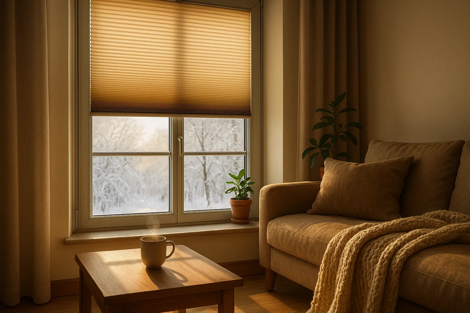 Winterliches Wohnzimmer mit Wabenplissee am großen Fenster, Wärmerückhalt durch Luftkammern, dichte seitliche Führungsschienen, reduzierte Zugluft, passive Solarwärme, energieeffizienter Sicht- und Hitzeschutz, behagliches Raumklima im Altbau